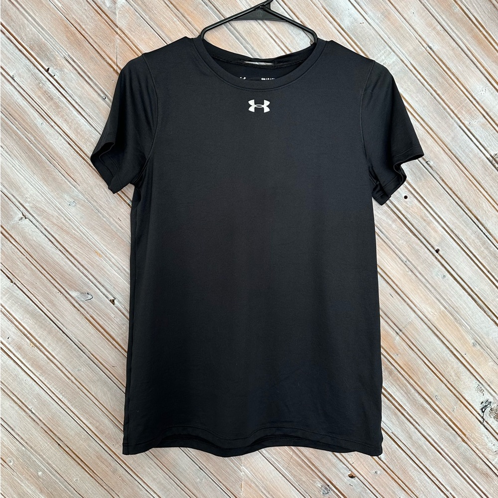Under Armour Jet Black ULine Loose Heatgear Tee White Logo Athletic Top